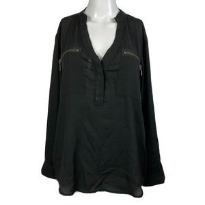 Uniq Shirt Womens Sz M Black Chiffon‎ Pullover Blouse V Neck Zipper Lightweight